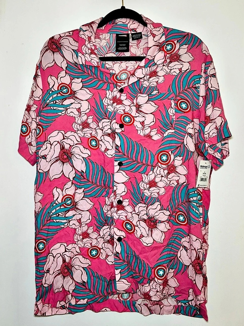 Marvel Captain America Floral Hawaiian Shirt Pink & Blue small
